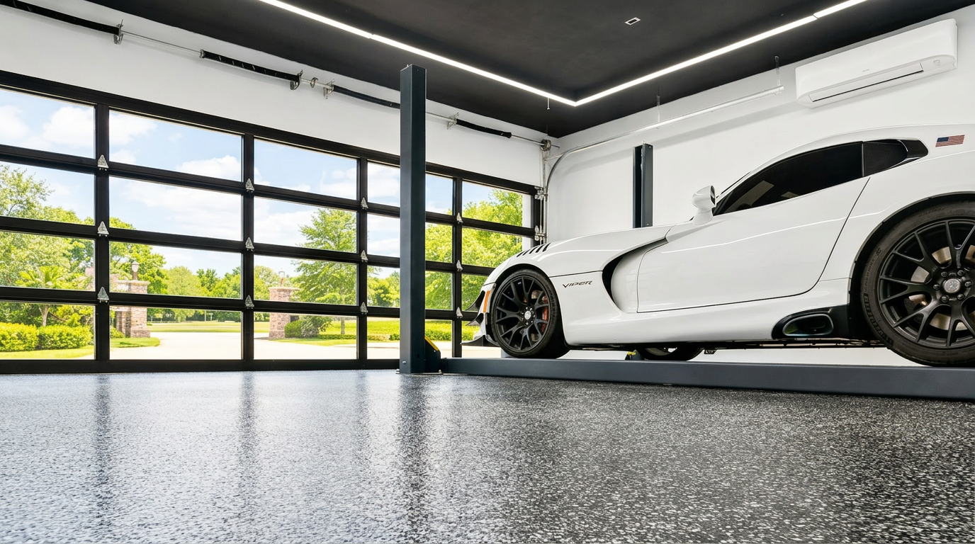 White sports car in a finished garage with a vehicle lift and decorative flake flooring