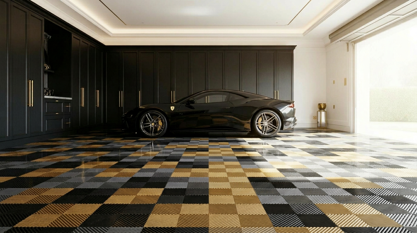 Tailored Reserve modular garage tile floor with luxury checker pattern in Lafayette LA