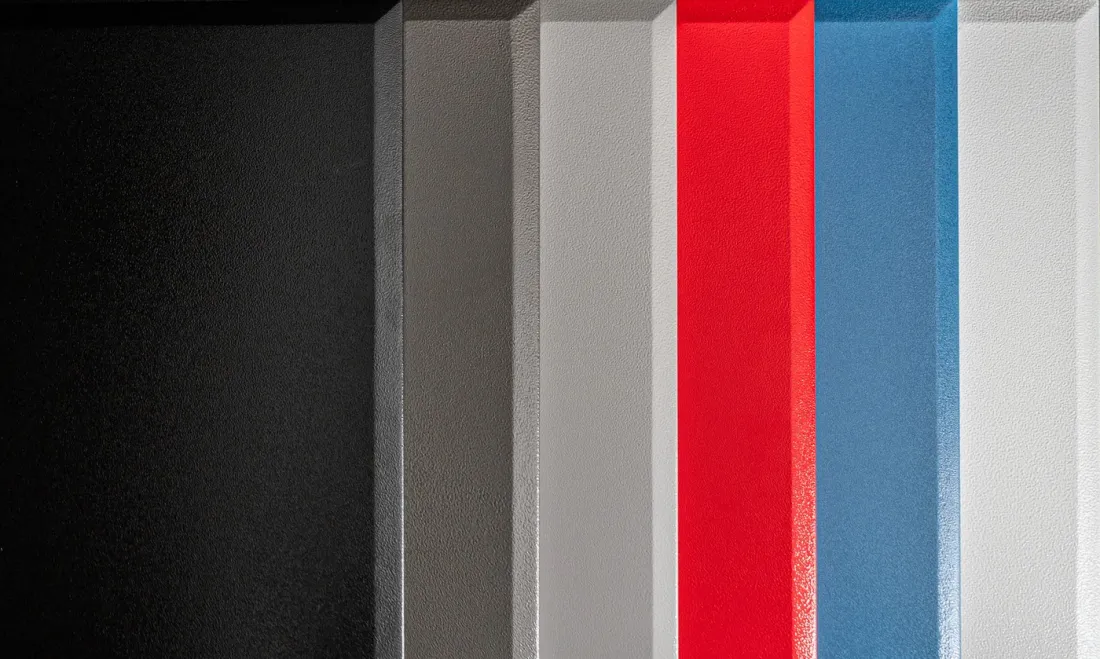 Actual powder-coated cabinet finish samples in Black, Graphite, Fog, Rally Red, Ultra Blue and White