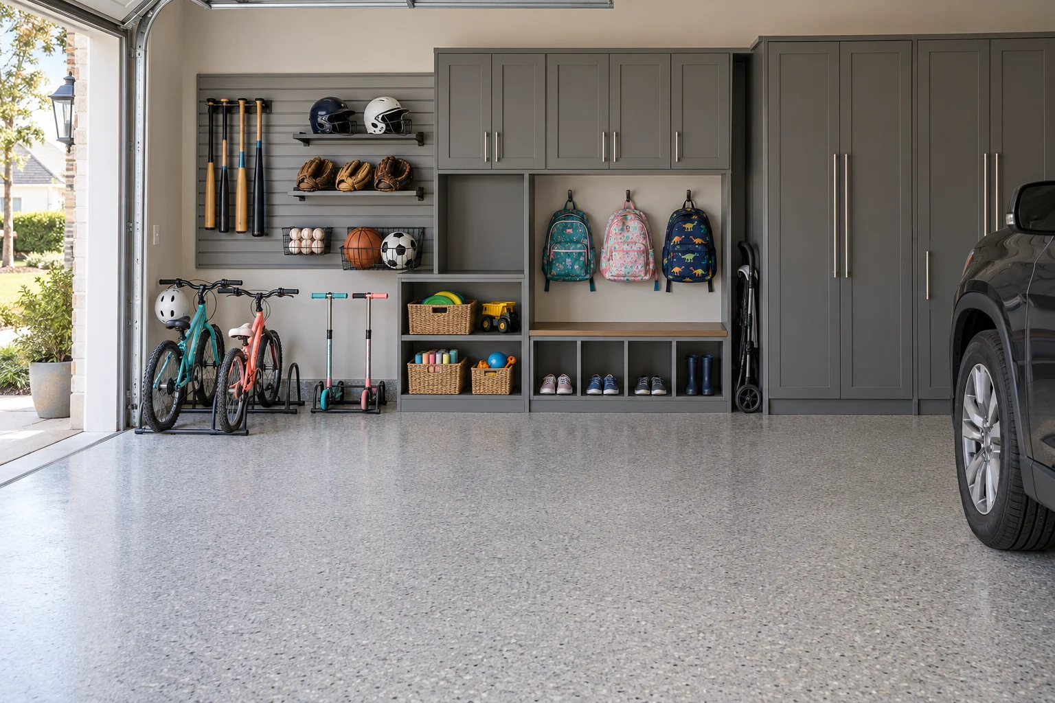 Family garage with child-sized bicycles, scooters, baseball bats and gloves, toy baskets, backpacks and a shoe bench