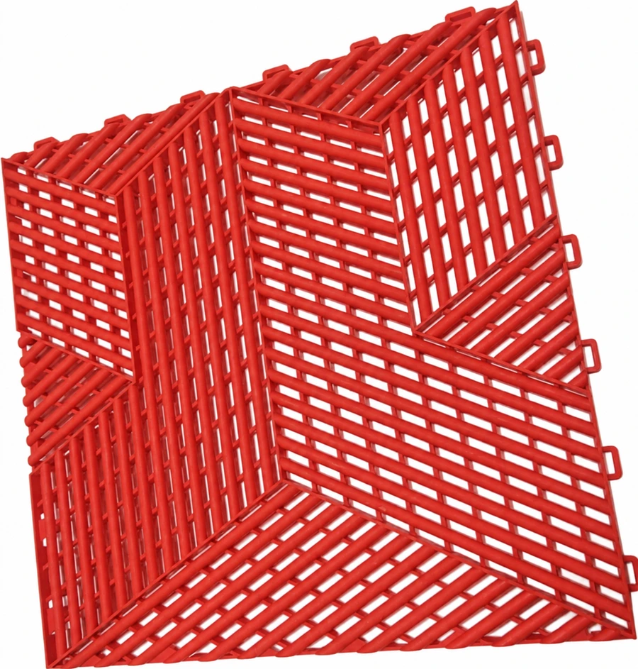 Red modular tile sample showing its velocity · angular weave and edge connectors