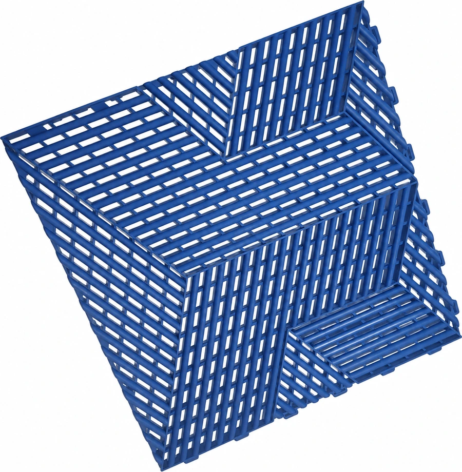Blue modular tile sample showing its velocity · angular weave and edge connectors